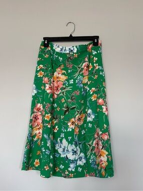 LOFT A-Line Skirt Pleated Midi Ditsy Floral Allover Print Green Size 2 Petite